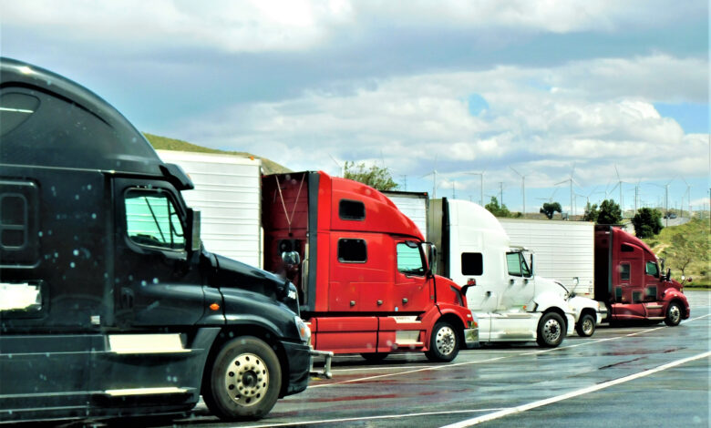 Transport ładunków ponadgabarytowych, cieżarówki stojące na parkingu
